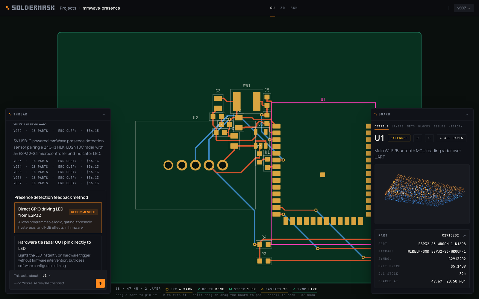 The workbench: copper view, the conversation that produced the board, and its build cost