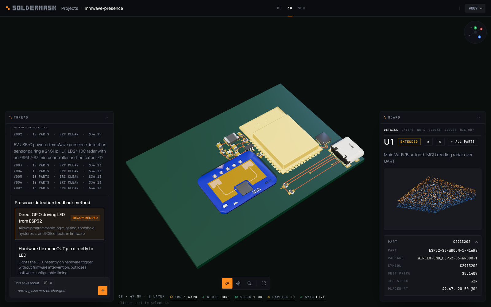A board a minute later, with the parts drawn from their vendor 3D models